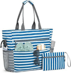 hirTa Gab Tote Bag with Makeup Pouch for Teacher Women Office Girls Work Multipurpose HandBag with Zipper Pocket Mostly Use for Travel Grocery Beach Hobo Diaper Changing Sandproof Pool (White Blue)