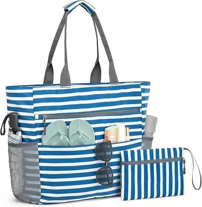 hirTa Gab Tote Bag with Makeup Pouch for Teacher Women Office Girls Work Multipurpose HandBag with Zipper Pocket Mostly Use for Travel Grocery Beach Hobo Diaper Changing Sandproof Pool (White Blue)