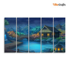 VIBECRAFTS Beautiful Japanese Courtyard at Night Canvas Wall Painting of Five Pieces For Home|Office|Living Room|Gift (PTVC5Pcs4_8692)