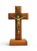 Wooden Standing Cross with Golden Jesus Crucifix and St. Benedict Medal, Brown Wood with Base, 6cm width x 11 cm Height