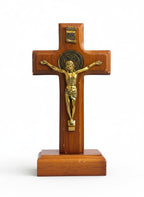 Wooden Standing Cross with Golden Jesus Crucifix and St. Benedict Medal, Brown Wood with Base, 6cm width x 11 cm Height