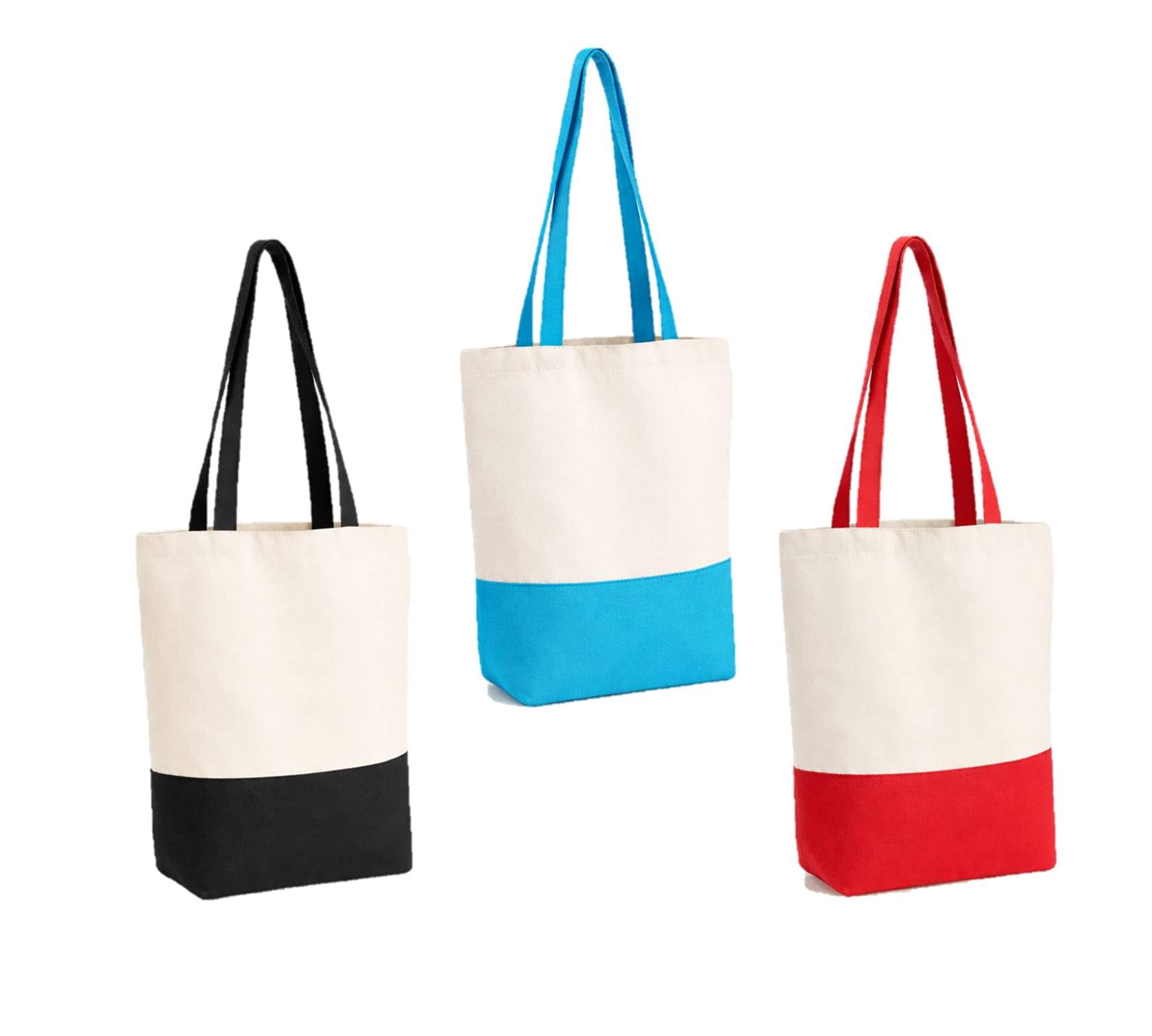 Lify 3 Large Canvas Tote Bags, Cotton Tote, Shopping Bag for Grocery, Travel, Beach, Shoulder Handbags for Women, Heavy Duty, Eco-Friendly, Library Book bags, craft bags, Wht&Red, Wht&Blue, Wht&Black