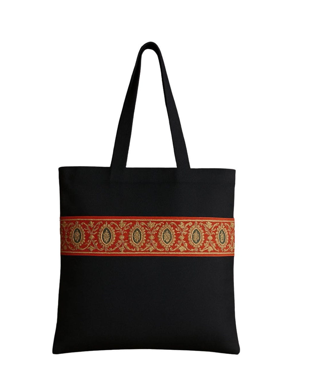 Black Cotton Tote Bag with Decorative Red and Gold Trim, Traditional Design (S)