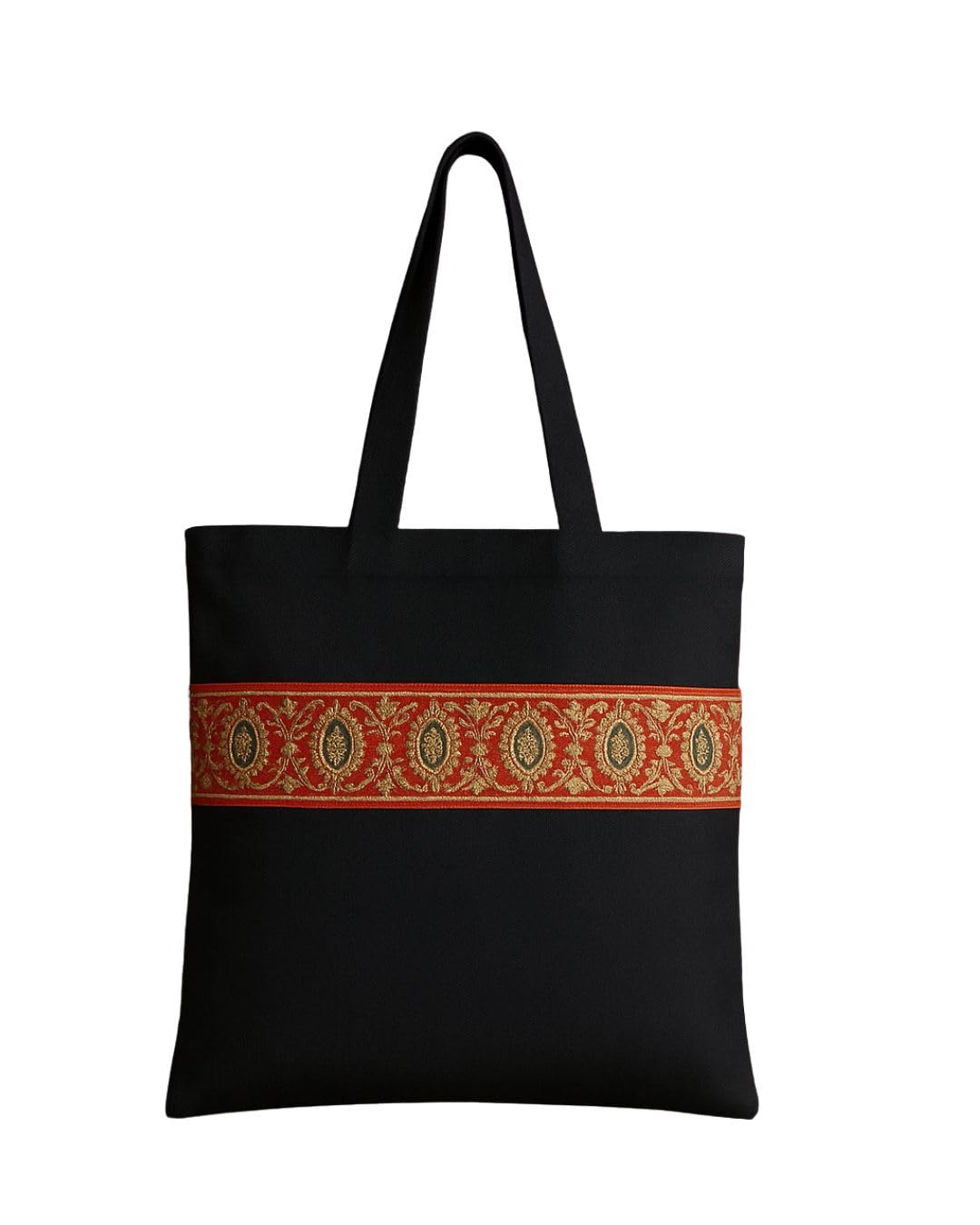 Black Cotton Tote Bag with Decorative Red and Gold Trim, Traditional Design (S)