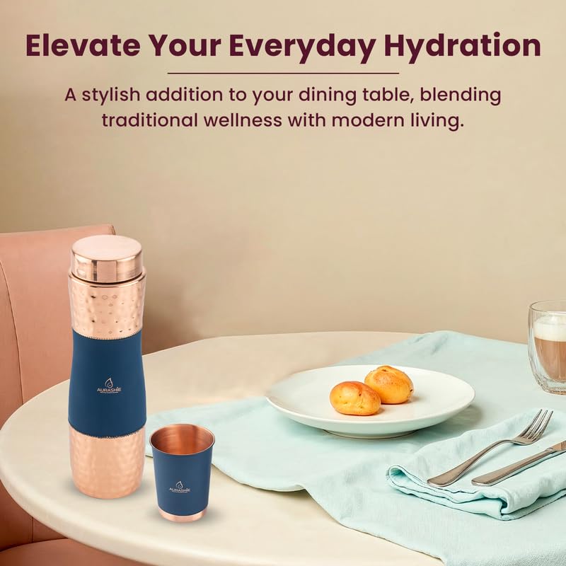 AURASHIE Pure Copper Drinkware Gift Set of 1 Bottle & 2 Glasses with Box | Pure Hammered Copper Drinkware | Gift Set for Birthday, Parties, Weddings & Festivals (Blue Grip Sleeve)