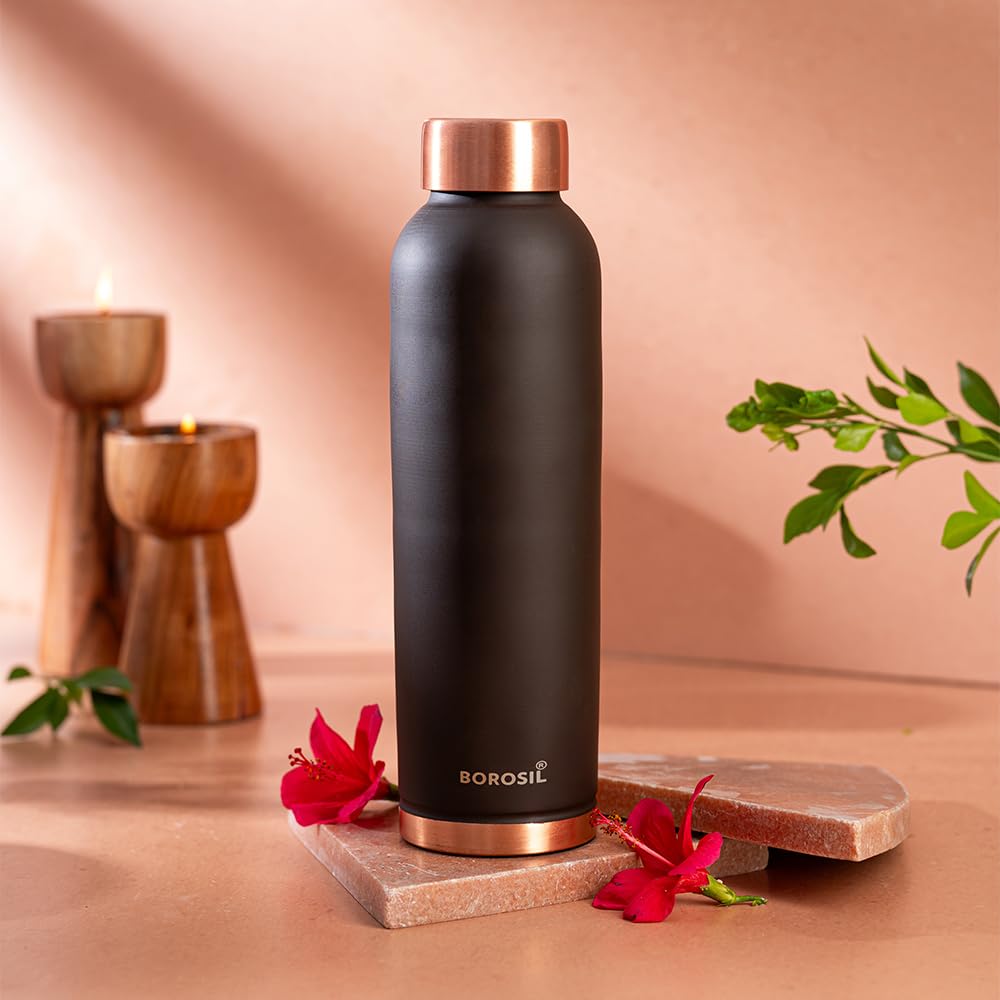 Borosil Eco Copper Bottle with Glass Set | 1L Bottle with 2 Tumbler (250 ml Each) | 100% Pure Copper with Anti-Oxidant Properties of Copper for Daily Use (Brown)