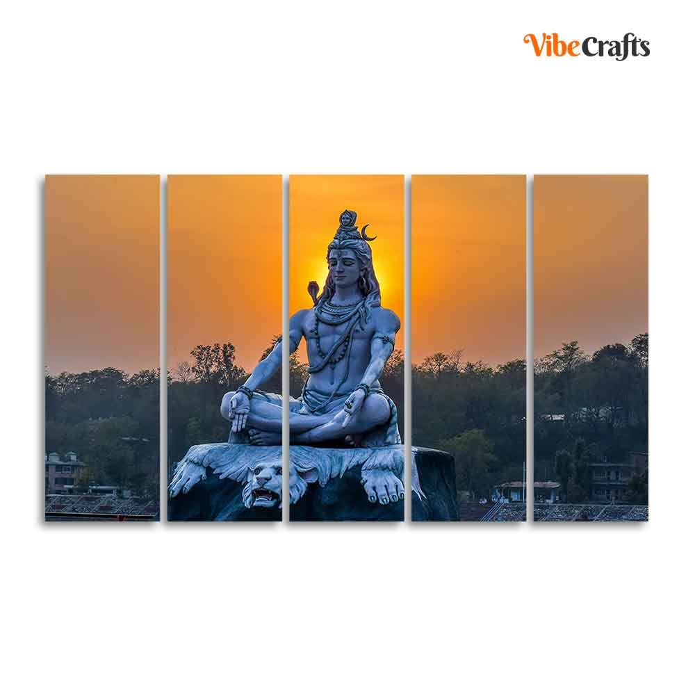 VIBECRAFTS Shiva Statue Canvas Wall Painting of Five Pieces For Home|Office|Living Room|Gift (PTVC5Pcs4_8669)