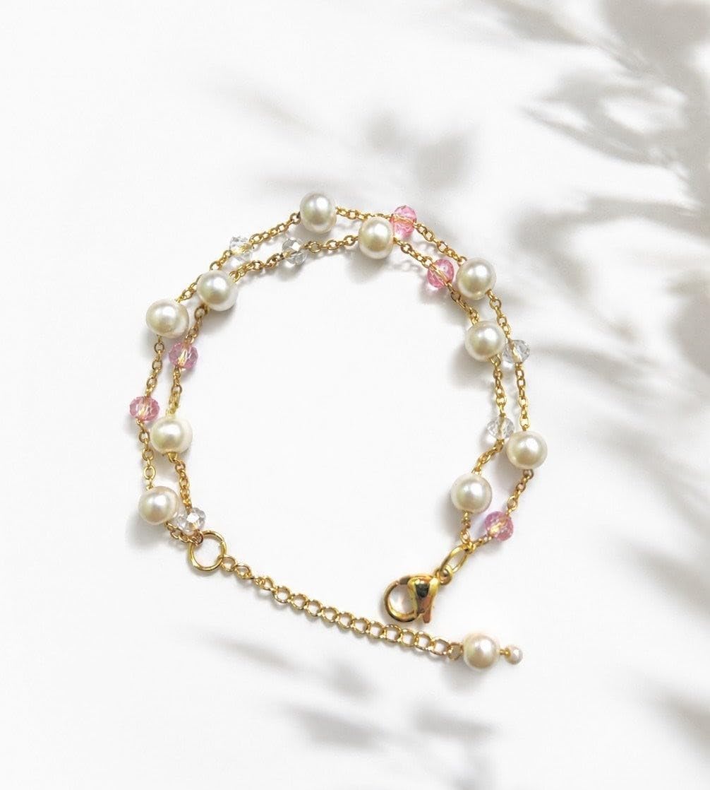Zewelic Handmade Pearl & Pink Crystal Adjustable Bracelet for Women | White Pearl Gold Plated Anti Tarnish Lightweight Bracelet | Korean Style Jewelry | Perfect for Western & Traditional | Gift for Girls & Women