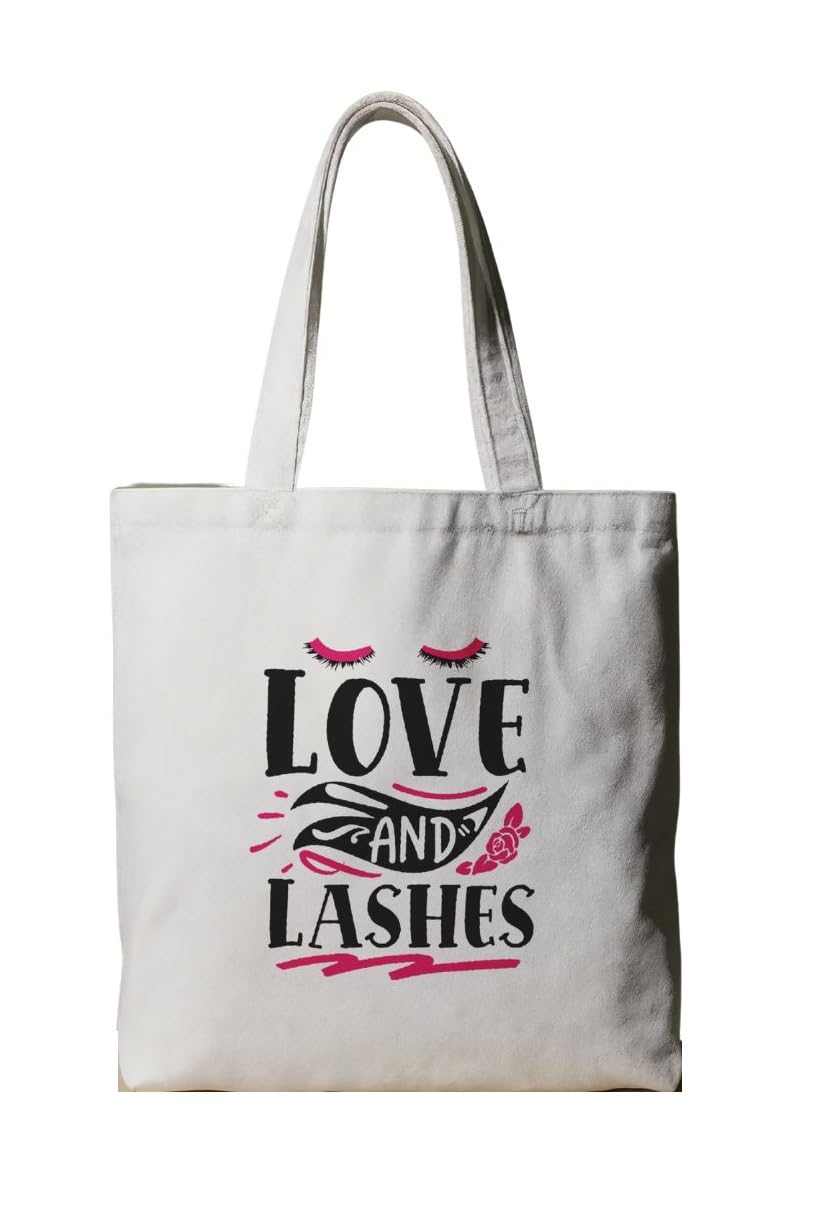 Reusable Cotton Fabric Love & Lashes Printed Tote Bag Ideal for Travel Shopping College & Office Use