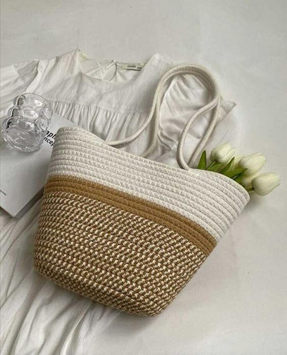 BEAUTIFUL HOMMIES Attractive Hand Bag |large Tote Bag |Summer Bag | Bucket Bag | Basket Bag | Bamboo Tote | Beach Bags for Women|Boho Bag|Handbag |Jute Bag |Handmade Bag (BEIGE WHITE STYLISH)