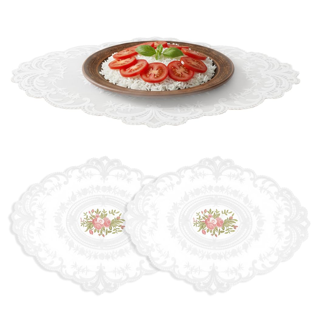 ZIBUYU® 2 Pcs Round Crochet Table Mats - Vintage Lace Handmade Embroidered Dining Table Mat Accessories, Coaster Set for Dining & Study Spaces (White) Kafalo