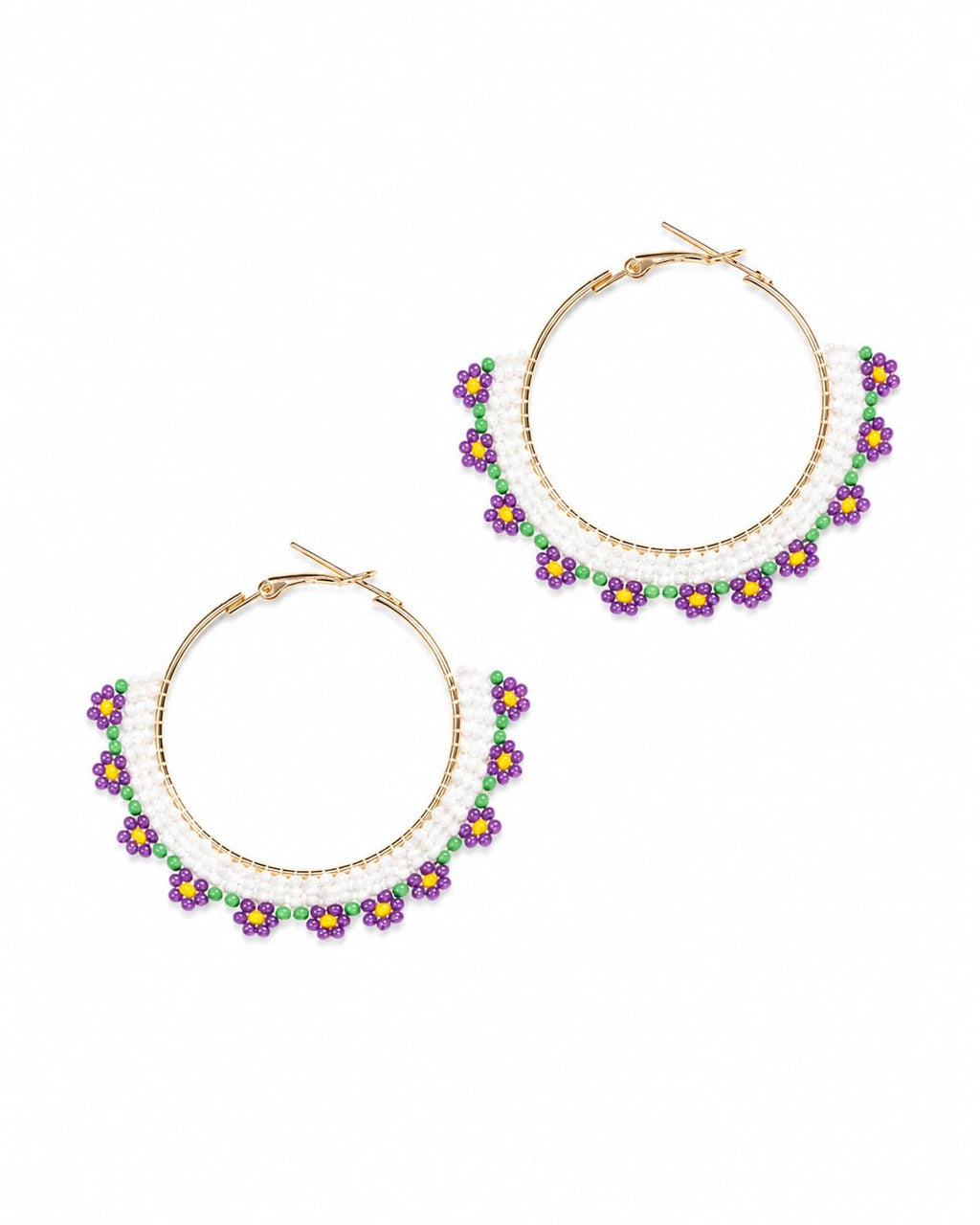 Handmade Purple Daisy Beaded Hoop Earrings, Boho Floral Seed Bead Hoops, Lightweight Statement Jewellery for Women