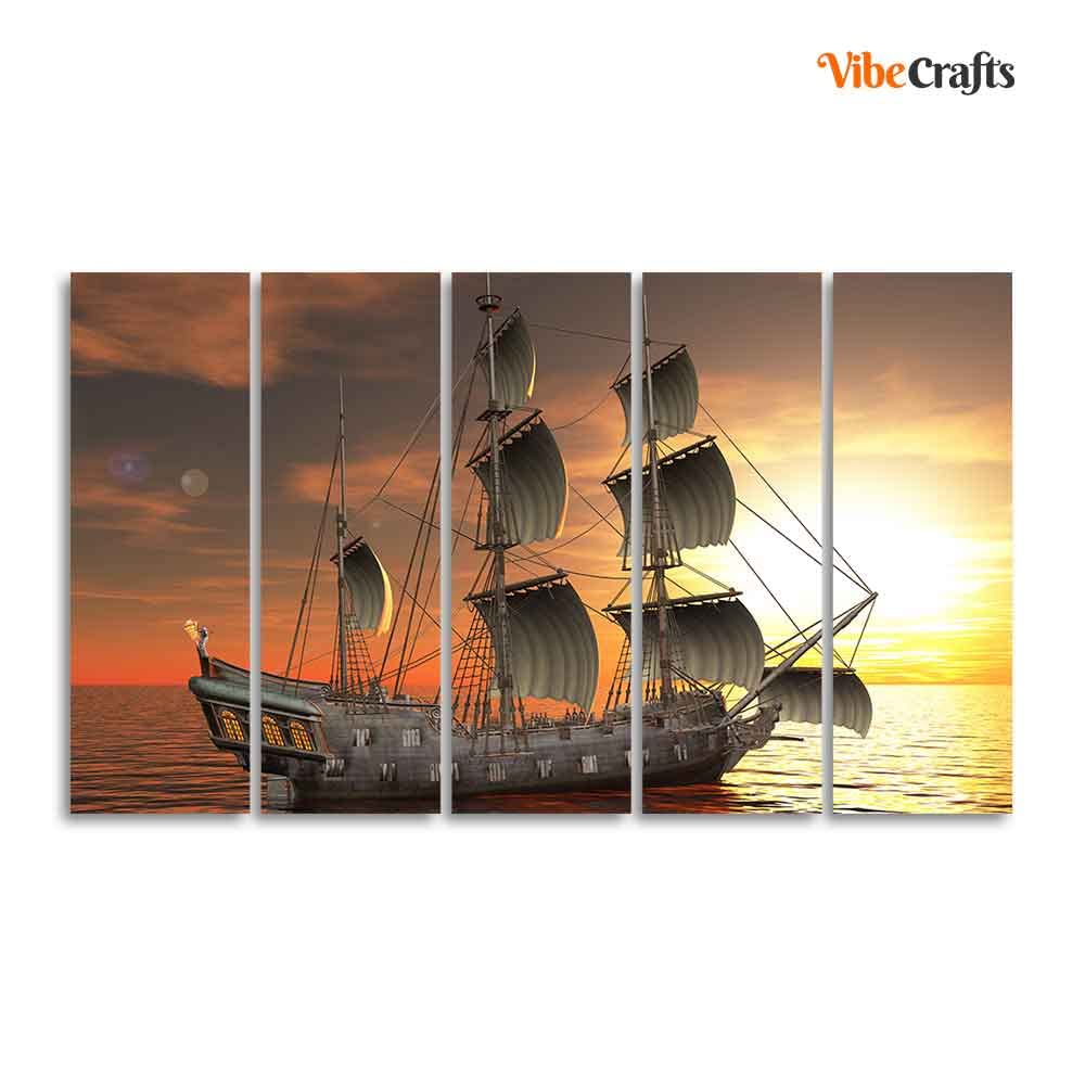 VIBECRAFTS Ship In The Sea 5 Pieces Canvas Wall Painting For Home | Office | Living Room | Gift (PTVC5Pcs4_8513)