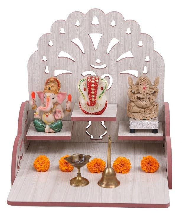 AVONIX Traditional Wooden Pooja Mandir Premium White Wooden Tabletop Pooja Mandir with Om Cutout & 3-Tier Platform | MDF Home Temple for Idols, Diya & Prayer Decor | White Wood Finish