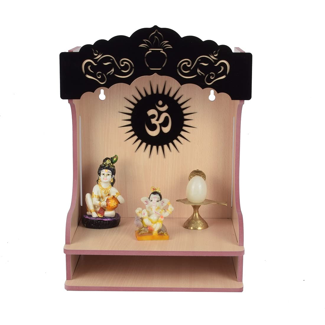 YIXT MDF Wooden Temple for Home with LED Light & Storage | Wall Mount & Tabletop Pooja Mandir | Spacious Shelf with Spot Light