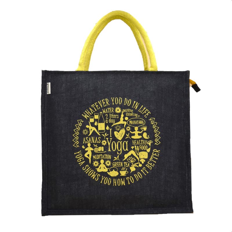 JUTEKA Yoga Print Eco Friendly Jute Bag for Shopping, Lunch, Tiffin, Office, Grocery with Zip Closure and Padded Cotton Handles…