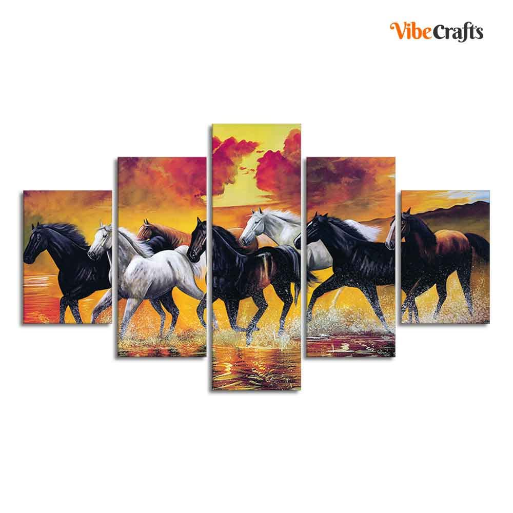 VIBECRAFTS Running Seven Horses Wall Painting Five Pieces For Home|Office|Living Room|Gift (PTVC5Pcs1_5527)