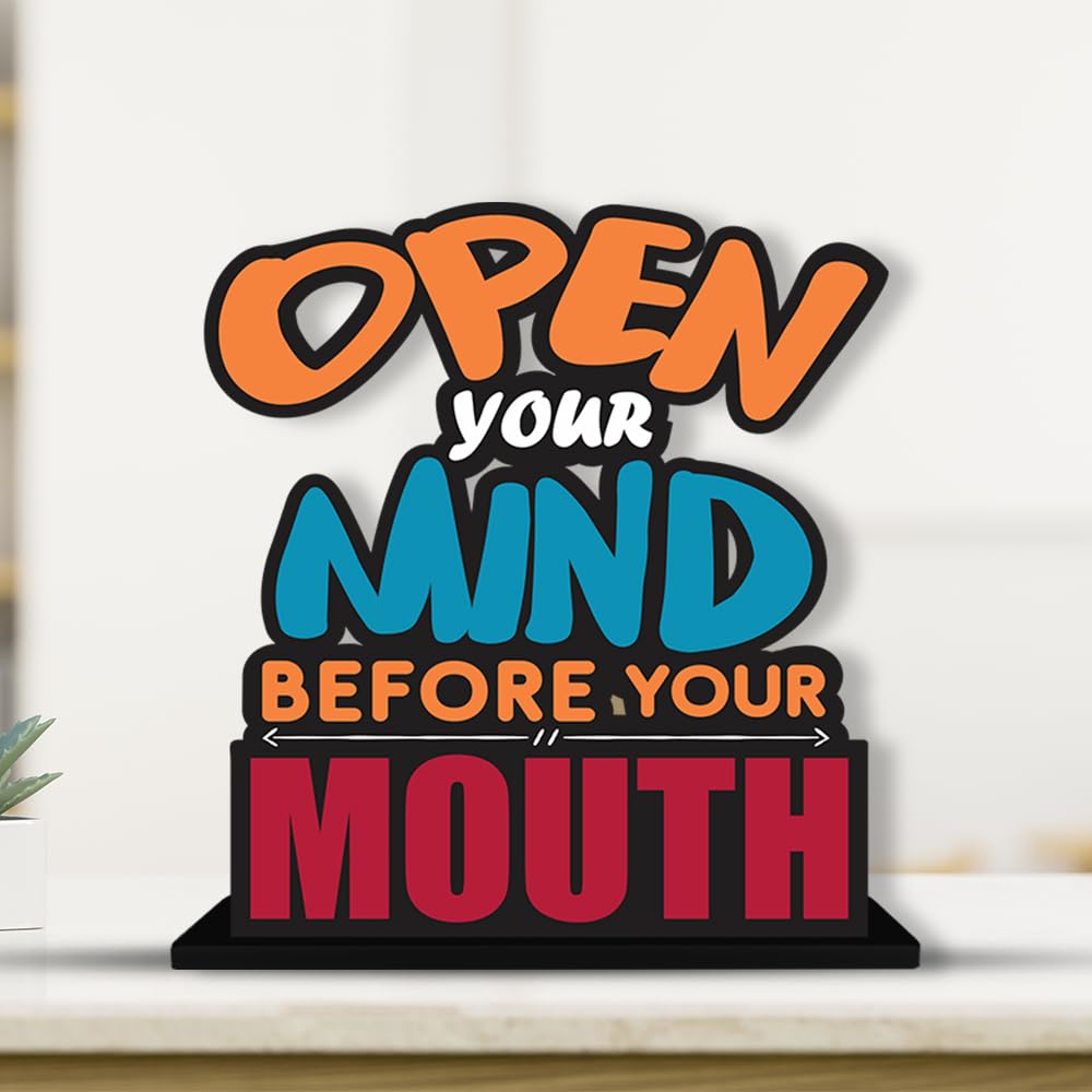 Artvibes Wooden Idols and Figurine Open Your Mind Before Your Mouth Quote Table Decor for Office Desk | Home Decor Item | Living Room | Bedroom | Modern Art Wood Alphabet Showpieces Gift (Sp_1136)