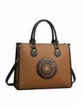 LIKE STYLE Women’s PU Tote Bag with Mandala Design | Laptop Compartment Shoulder & Crossbody Handbag | Office Work & Daily Use Large Tote (Tan)