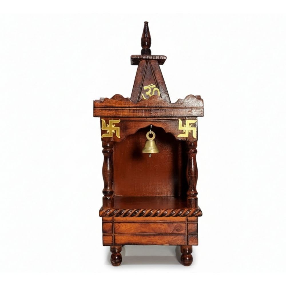 Claws Wooden Wall Mount Pooja Mandir | Brown Pooja Temple Stand with Om and Swastik Design (14Dx20Wx 46H Cm)