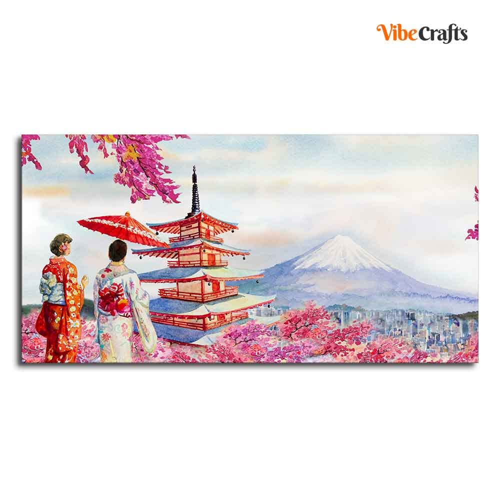 VIBECRAFTS Canvas Paintings for Living Room Drawing Room Women In Kimono Canvas Wall Painting Fitted With Wooden Frame For Home | Office | Living Room | Gifts (PTVCH_2549)(48 x 24 Inches)