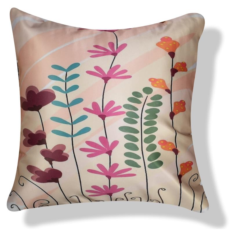 Vendola Decorative Satin Sofa Cushion Covers Set of 5, 16 inch x 16 inch, Sofa Cushion Pillow Cover, Pink, Beige and Red Colour, Floral Design, Zipper Closure (Flos, 16X16 Inches)