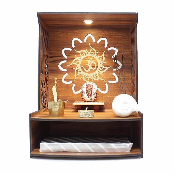 LET'S DIY Wooden Handcrafted OM Carved Temple | Traditional Home Mandir with Side Design Pattern | Pooja Mandir for Home & Office (Pack of 1)