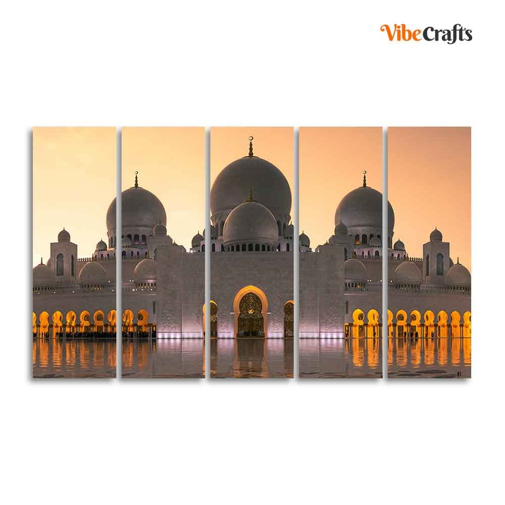 VIBECRAFTS Islamic Canvas Wall Painting of Sheikh Zayed Grand Mosque 5 Panels For Home|Office|Living Room|Gift (PTVC5Pcs4_8568)