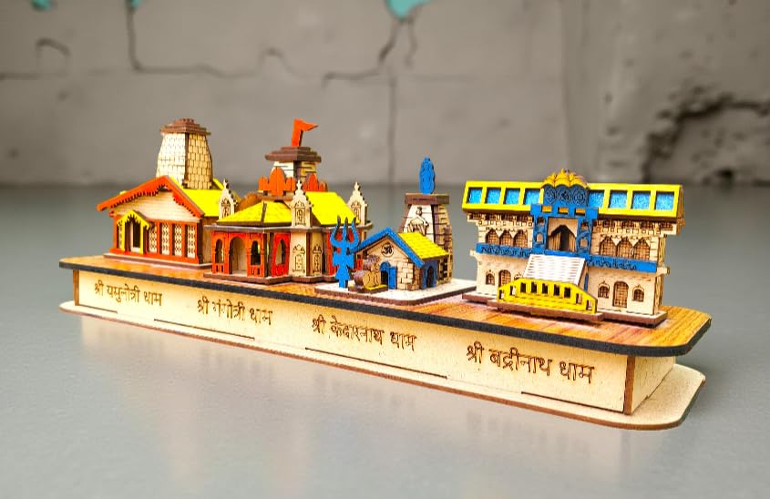Wooden Chardham Temple Model, 3D Replica of Kedarnath, Badrinath, Gangotri, Yamunotri Temples, Decorative Religious Showpiece for Home Temple, Office, Sculpture