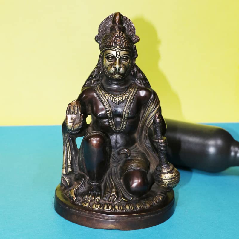 ARTVARKO Brass Hanuman Statue Idol Bajrangbali Bhagwan Sankat Mochan Sitting Murti for Home Office Entrance Décor Temple Mandir Puja 9.5 Inch
