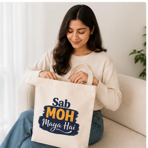 Cotton Canvas Tote Bag, Natural, 100% Cotton, Large, Shopping & Daily Use, Single Compartment, Printed, 330 GSM (Typography Design – Sab Moh Maya Hai)