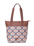 ZOUK Kovil Blue Abstract Printed Women's Jute Handcrafted Vegan Leather Brown Everyday Tote