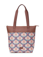 ZOUK Kovil Blue Abstract Printed Women's Jute Handcrafted Vegan Leather Brown Everyday Tote
