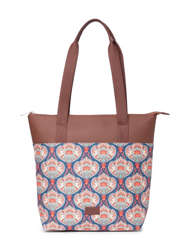 ZOUK Kovil Blue Abstract Printed Women's Jute Handcrafted Vegan Leather Brown Everyday Tote