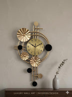Mahira Artefacts Metal Wall Clock, Gold and Black, Art Deco Style, Silent Analog, Large, for Living Room, Bedroom, Office