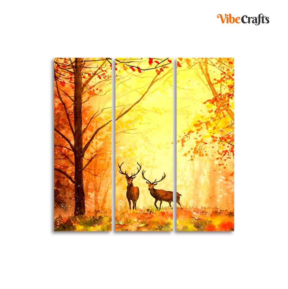 VibeCrafts 3 Pieces Beautiful Forest Deer Canvas Wall Painting Fitted With Wooden Frame For Home | Office | Living Room | Gifts (PTVC3Pcs1_9518)