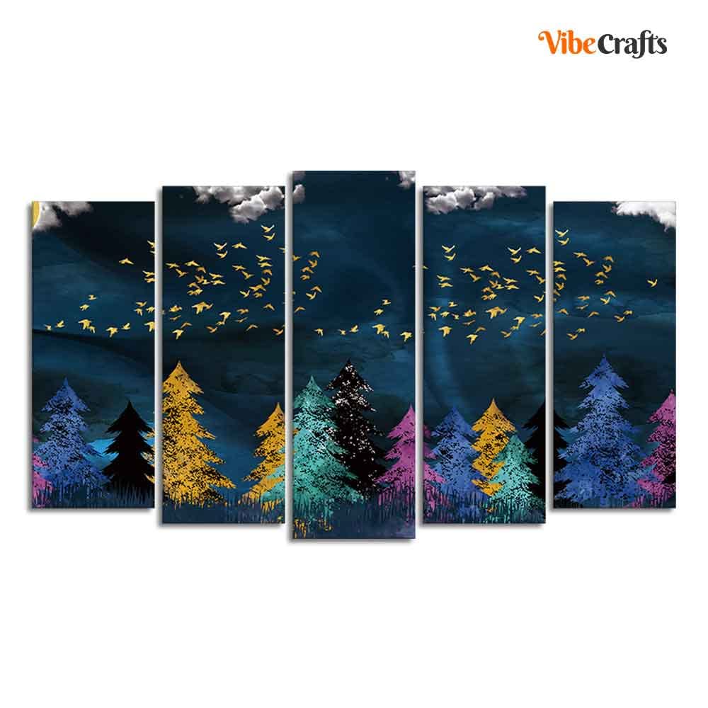 VIBECRAFTS Golden Birds Flying over The Dark Forest Wall Painting of Five Pieces For Home|Office|Living Room|Gift (PTVC5Pcs2_6593)
