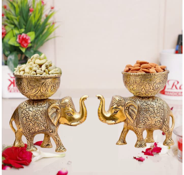 KridayKraft Metal Elephant Dry Fruit Bowl Showpiece Gold Polish for Your Home,Office Table Decorative,Elephant Showpiece Bowl Set (2 Pcs) for Gift,Animal Figurines...