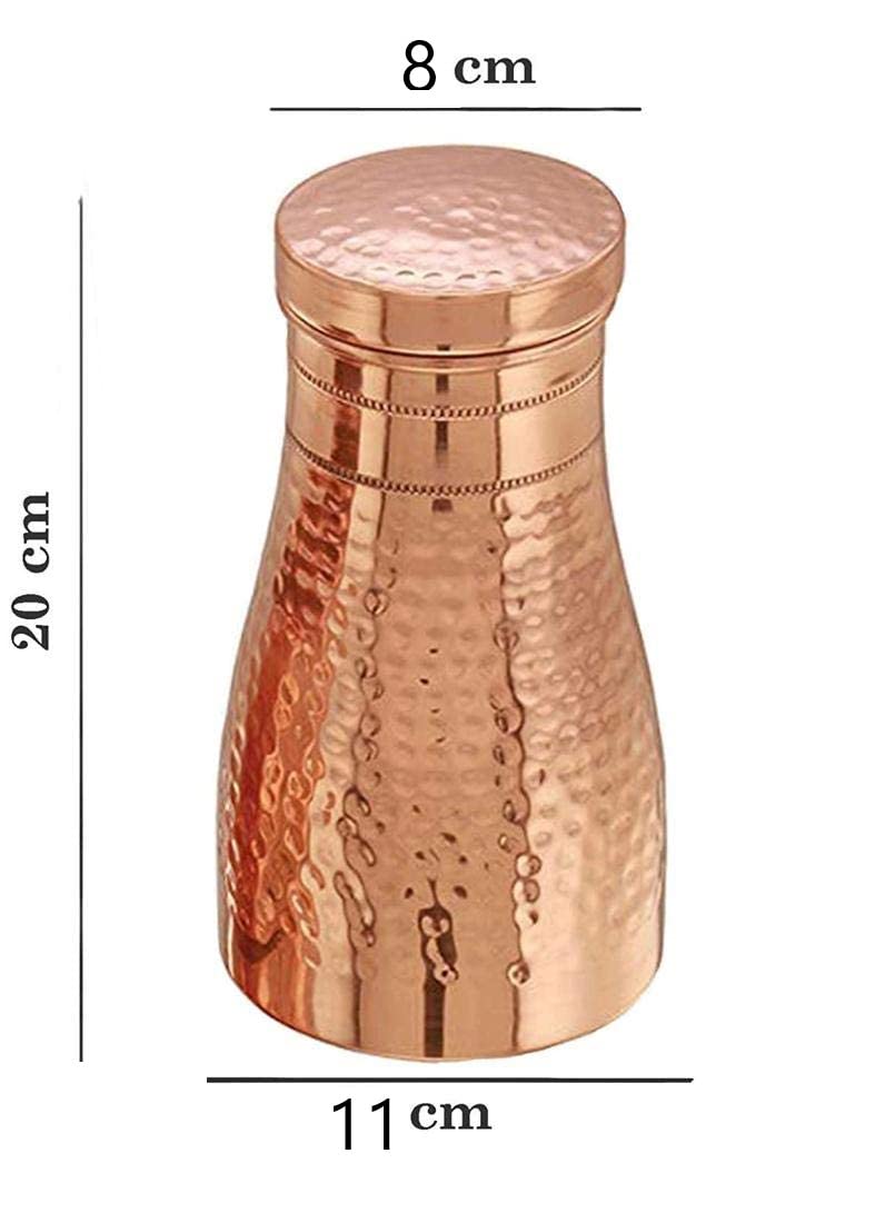 KC Pure Copper Designer Copper Water Bottle | Pitchers | Water Jug | Bedroom Jar | Bedside Bottle Carafes with Tumbler/Glass with Lid 1250 ML (Hammered)