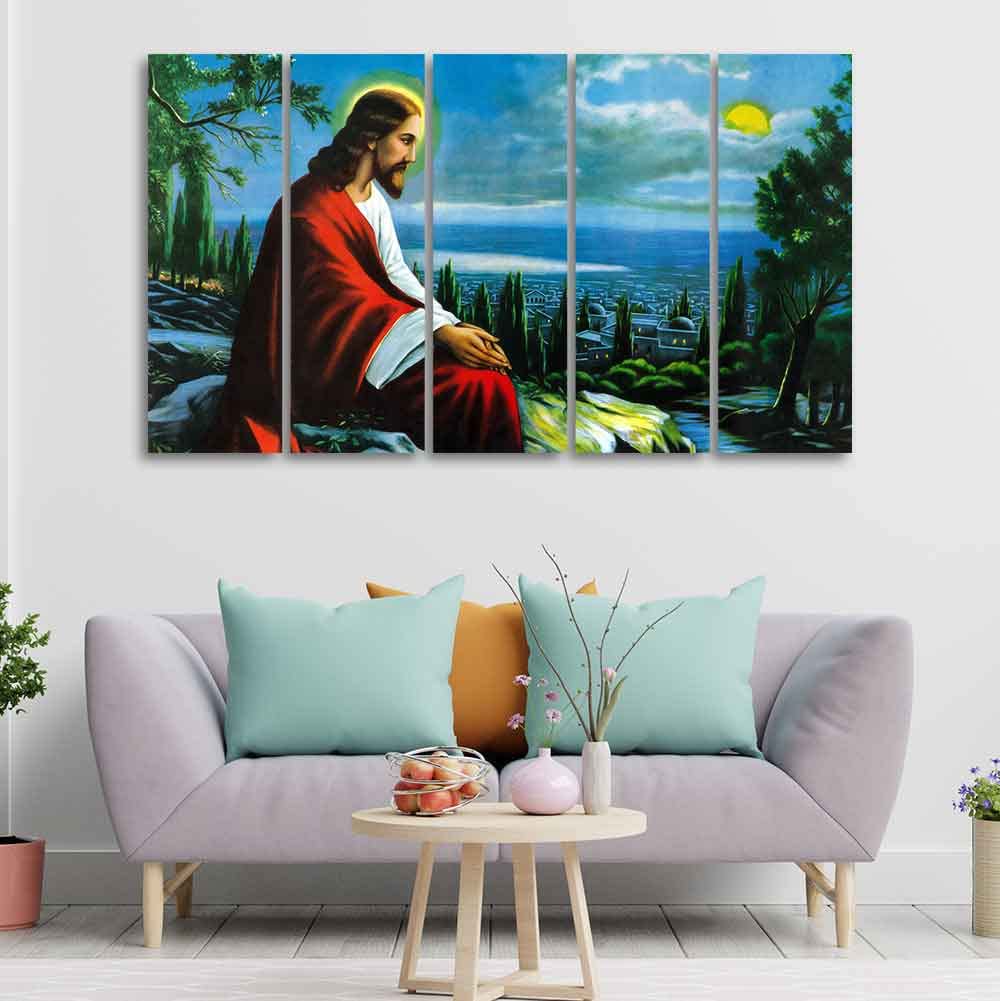 VIBECRAFTS Premium Wall Painting of Jesus Christ in Jerusalem in Five Pieces For Home|Office|Living Room|Gift (PTVC5Pcs4_8722)
