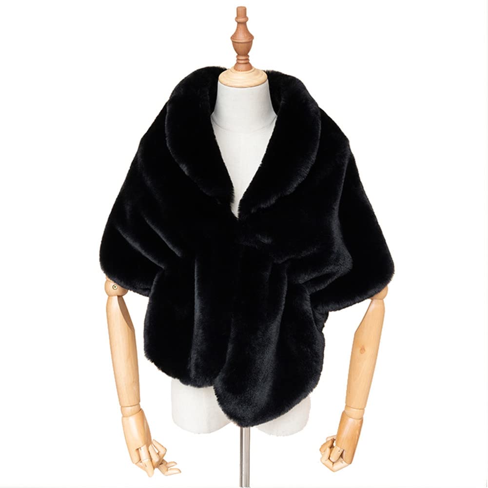 Fashowlife Faux Fur Shawls and Wraps For Women Stole Bridal Bridesmaids Warm Womens Cloak Cape Coat For Wedding Party, Black, Large-XX-Large Plus