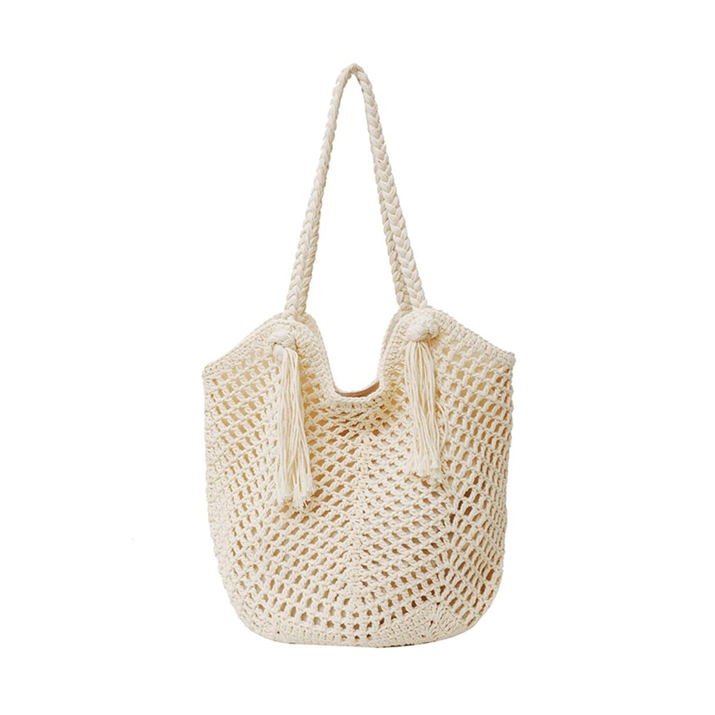 PALAY® Tote Bag for Woman Beige Crochet Beach Bohemian Women Handbags Hollow Out Knitting Shoulder Bag with Tassel Ornament Elegant Braided Hand Bag for Summer Vacation Travel