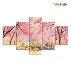 VIBECRAFTS Nature Forest Pink Flower Wall Painting of Five Pieces For Home|Office|Living Room|Gift (PTVC5Pcs1_5545)