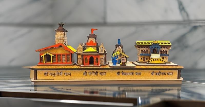 Char Dham Wooden Temple Model | Miniature Replica of Shri Ram Mandir, Gangotri, Kedarnath, and Badrinath Dham | Perfect Spiritual Home Décor, Religious Souvenir, and Gift for Hindu Festivals