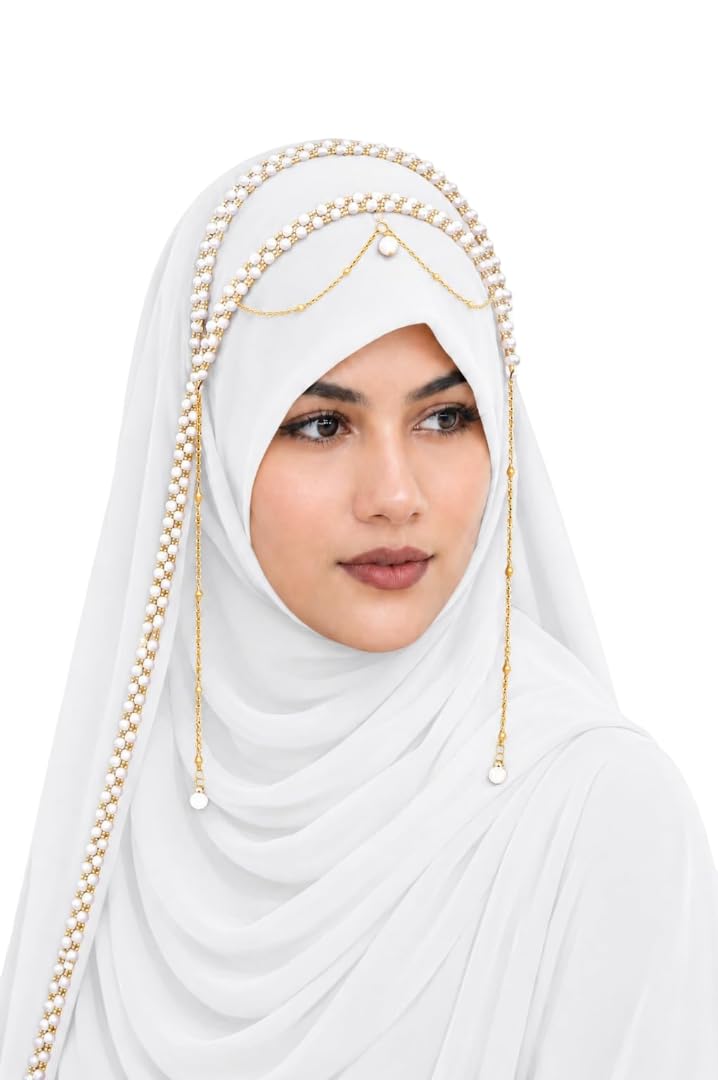 AL NOOR HIJAB Women's Pearl Chain Stone Hijab Scarf WIth Chiffon Dupatta
