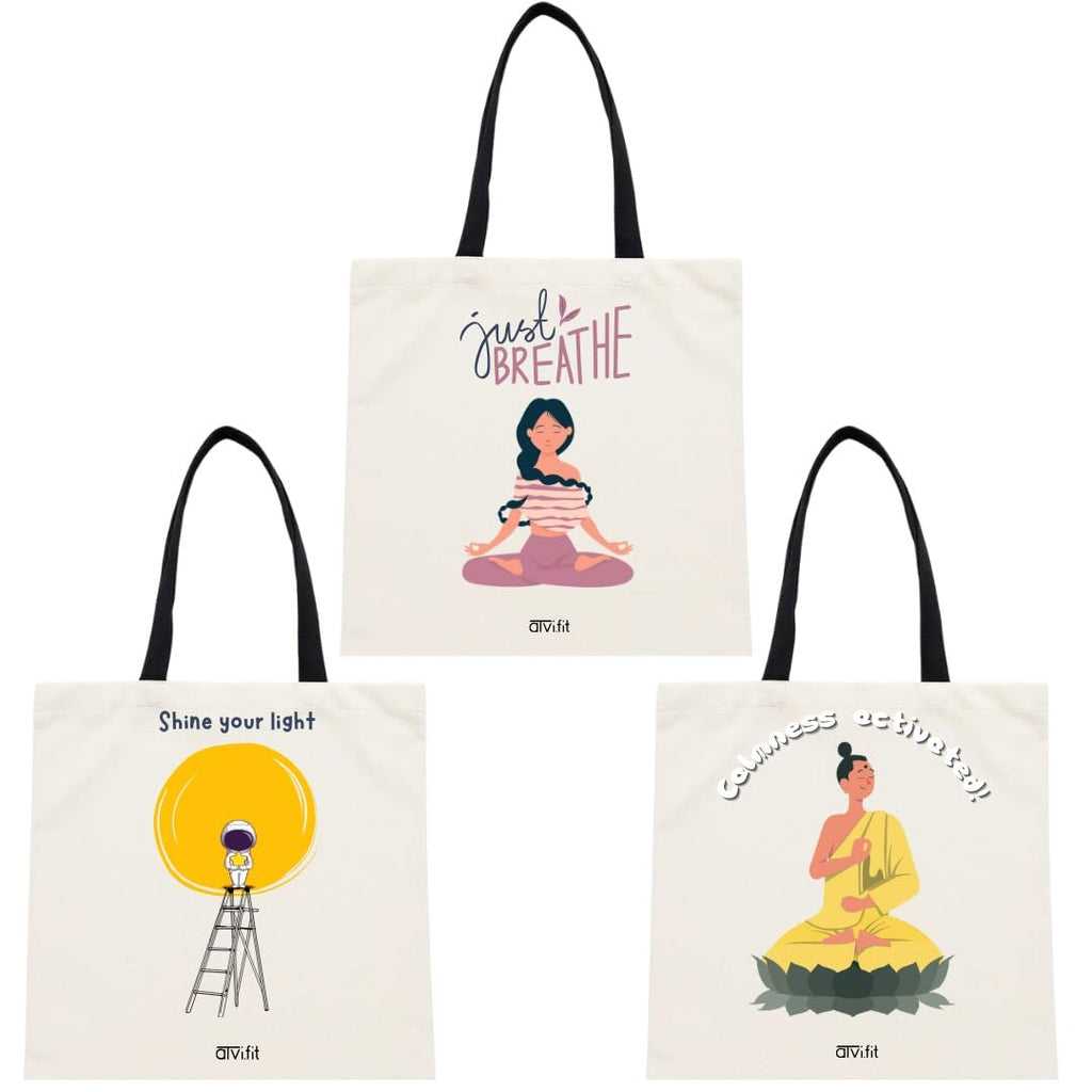 ATVI.FIT Trendy Cotton Close Zip Tote Bags for Women Designs - 15.5x15 - Perfect for College, Office, Yoga, and Everyday Use (SET OF 3)