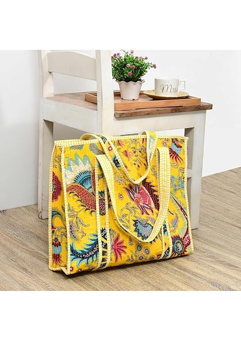Yda fashion Quilted Cotton Tote Bag for Women & Men, 3 Layer Shopping Bag, Printed Reusable Grocery Tote, Lightweight Multipurpose Shoulder Handbag for Daily Use