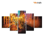 VIBECRAFTS Abstract Art Tiger Walking on Street Canvas Wall Painting of Five Pieces For Home|Office|Living Room|Gift (PTVC5Pcs1_5546)