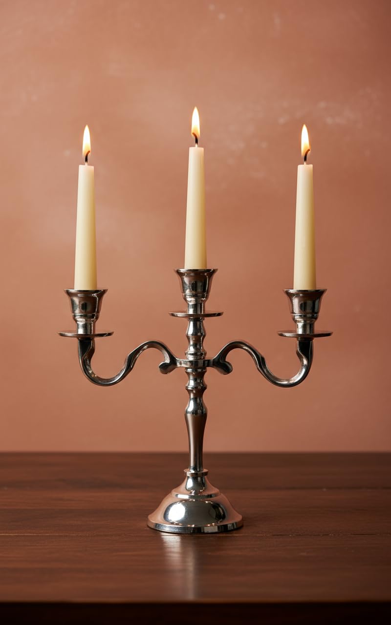 PURESTORY Candle Holder | Mini 3 Arm Taper Candle Holder | Silver Aluminium | Heat Resistant | Candlesticks for Home Decor, Wedding, Party, DinningTable Centerpiece, Church Altar & Festive Occasions