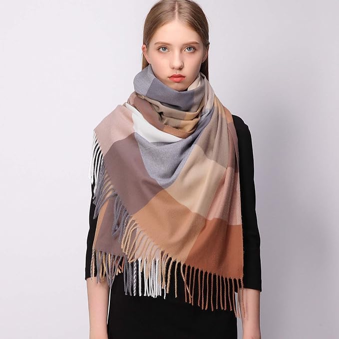Alexvyan female Winter Brown Multicolor Warm Long Stoles Shawls Long Big Checked Scarves Woolen Women Casual Scarf Soft Wrap For Casual Formal Occassions- 200Cm*70Cm
